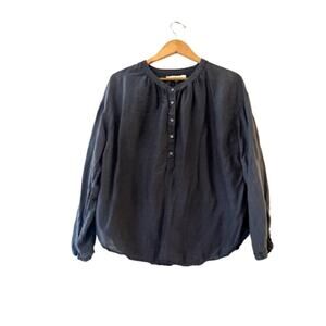 Xirena Silk Blend Popover Blouse Top Size M Navy Round Neck Long Sleeve Henley